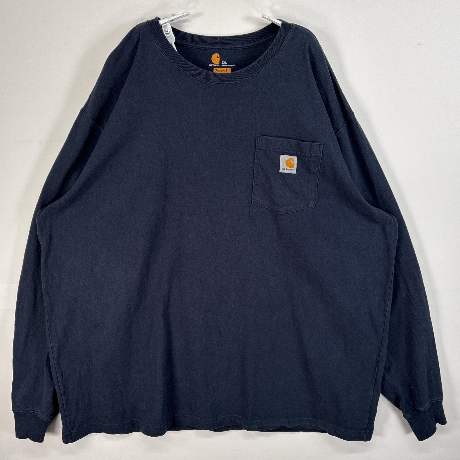 古着 カーハート Carhartt 長袖Tシャツ ワンポイント ロゴ 胸ポケ 大きいサイズ 肉厚 2XL  ネイビー 無地 メンズ