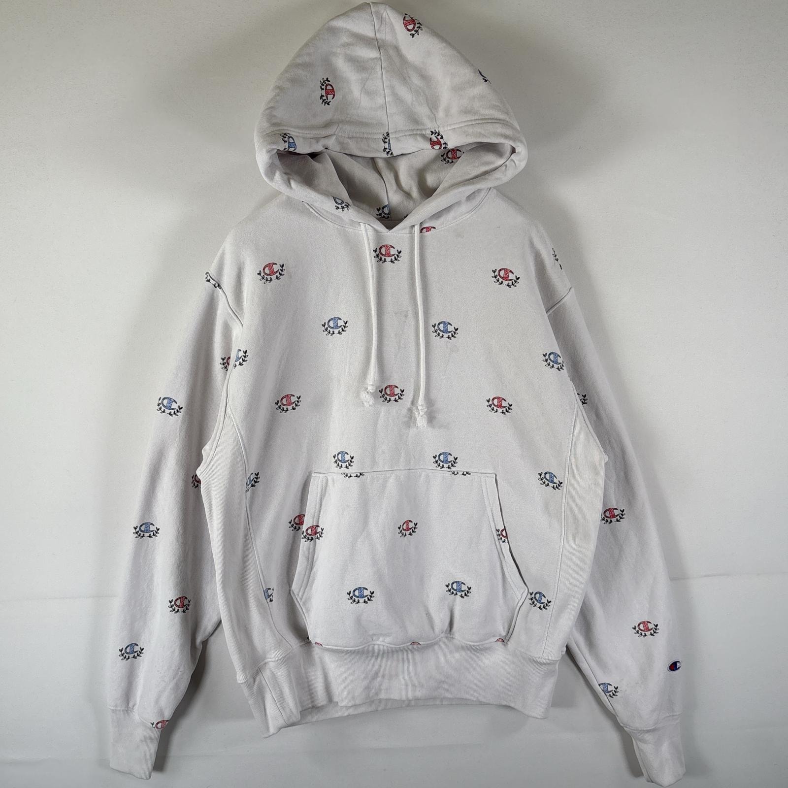古着 チャンピオン Champion パーカー リバースウィーブ スウェット プルオーバー ロゴプリント総柄 MEDIUM ホワイト メンズ