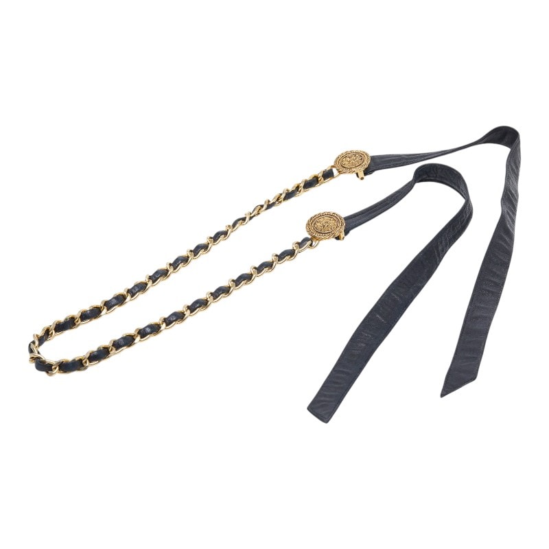 샤넬 코코 마크 체인 벨트 블랙 골드 가죽 도금 여성 CHANEL [중고]