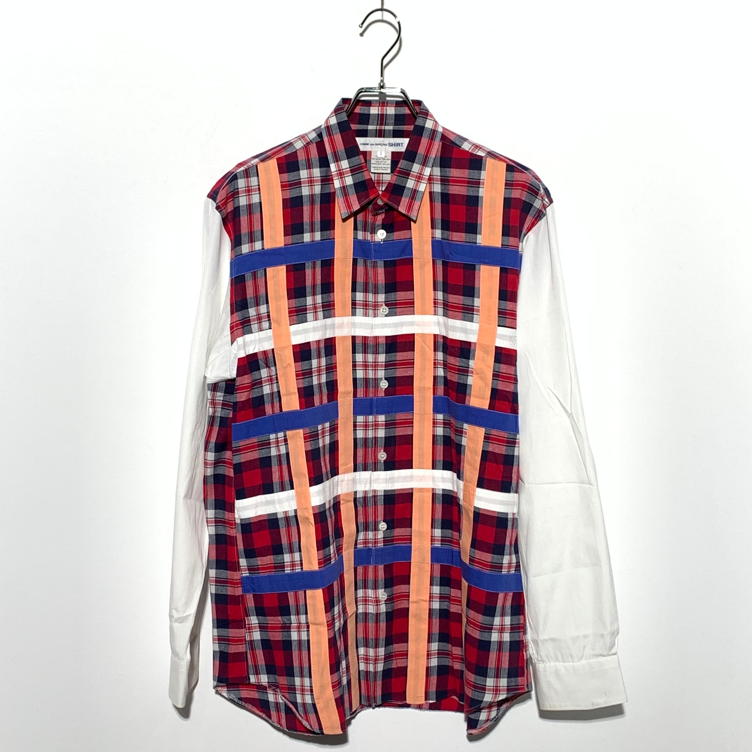 COMME des GARÇONS SHIRT Checkered pattern long-sleeved shirt with contrasting sleeves. White×RED