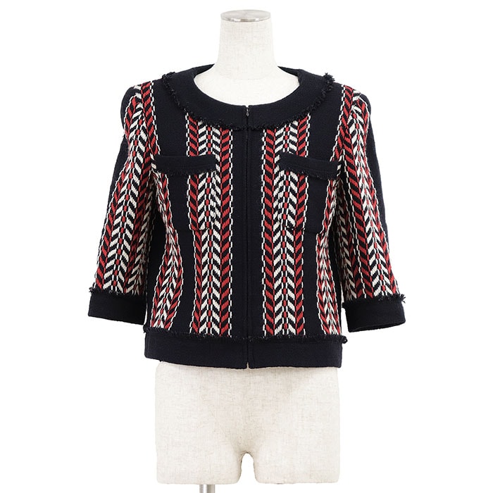 CHANEL シャネル ジャケット ツイード サイズ 38 レディース 04A P24466 ロゴ ノーカラー ストライプ トリコロール フリンジ ウール100% アウター ネイビー 紺 フランス製 カール・ラガーフェルド期