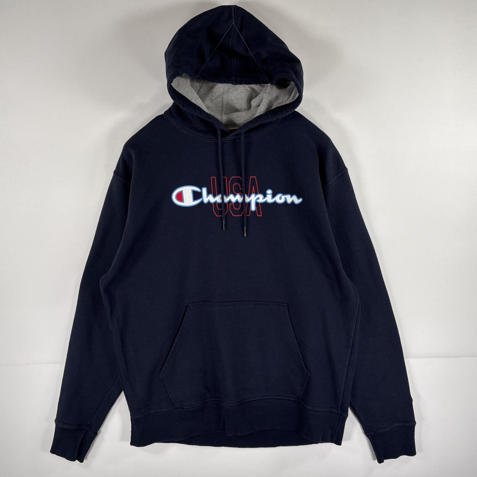 古着 チャンピオン Champion パーカー スウェット ビッグロゴプリント プルオーバー  フーディ L  ネイビー メンズ