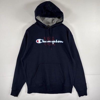 古着 チャンピオン Champion パーカー スウェット ビッグロゴプリント プルオーバー フーディ L ネイビー メンズ