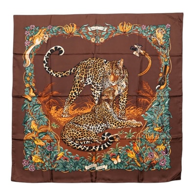 エルメス カレ90 Jungle Love ジャングル ラブ スカーフ 大判 ブラウン系 シルク レディース HERMES 【中古】