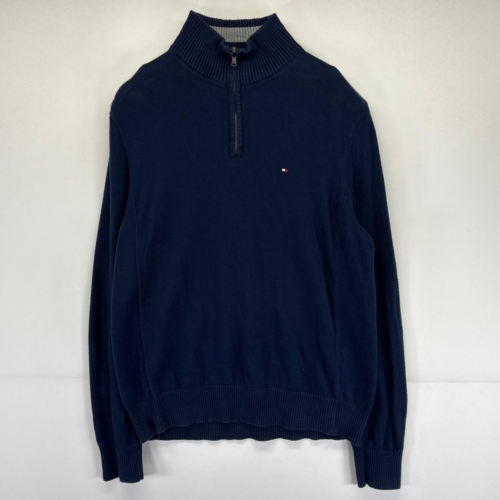 古着 トミーヒルフィガー TOMMY HILFIGER ニット ハーフジップ セーター ワンポイントロゴ刺繍 プルオーバー L  ネイビー メンズ