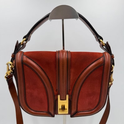 BURBERRY(バーバリー)スエード×レザー ショルダーバッグ ブラウン系 ゴールドトーン金具 フラップバッグ レディース