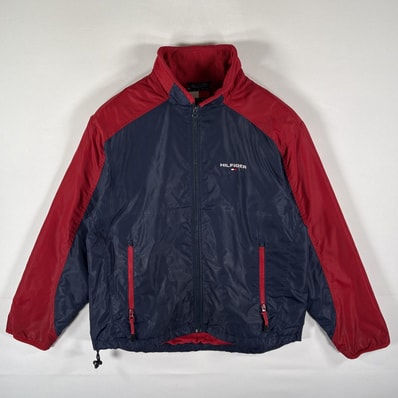 古着 トミーヒルフィガー TOMMY HILFIGER ナイロンジャケット フリース ワンポイントロゴ ツートンカラー フルジップ S ネイビー メンズ