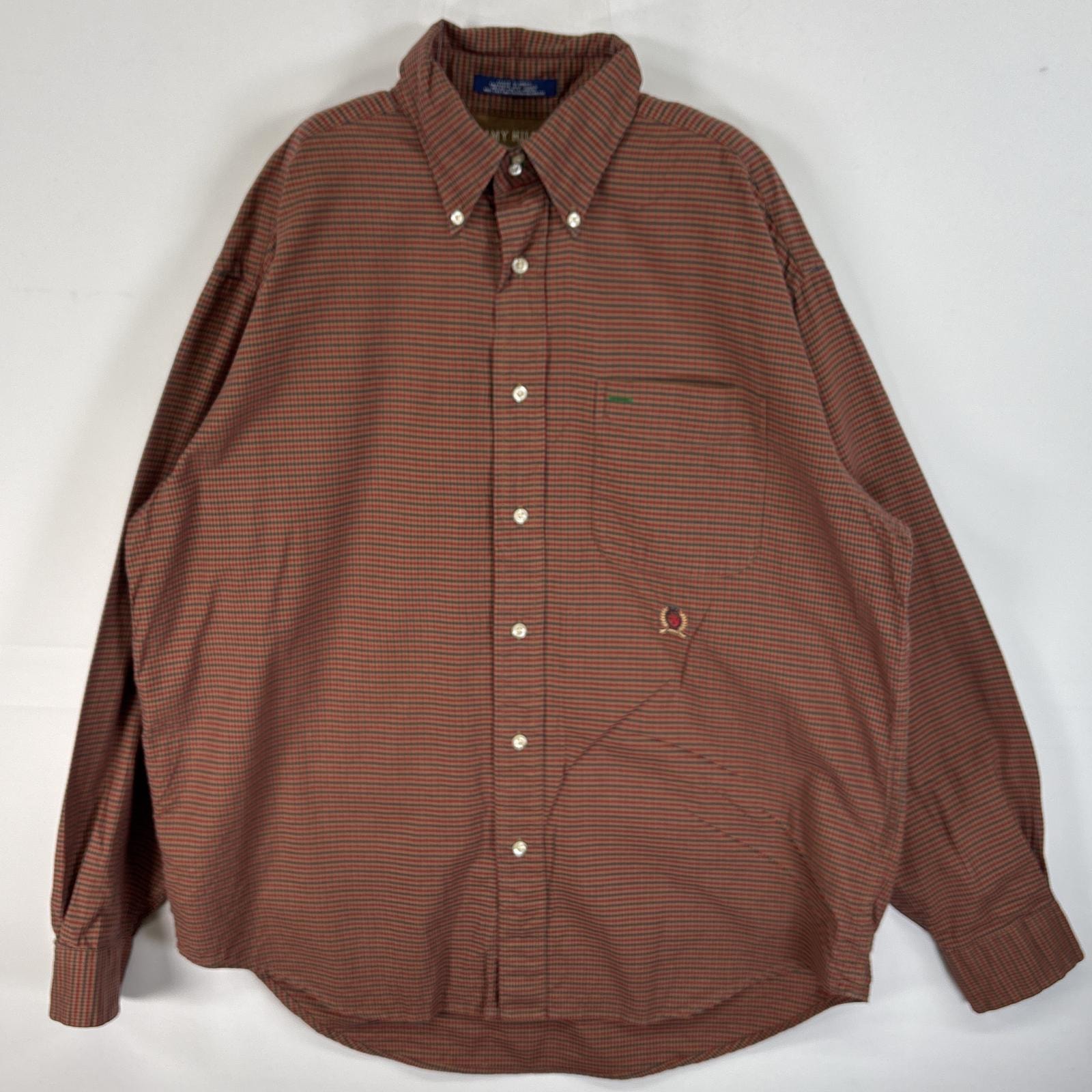 古着 90's/90年代 トミーヒルフィガー TOMMY HILFIGER 長袖シャツ チェック柄 ボタンダウン ロゴ 刺繍 M  レッド系 マルチカラー メンズ