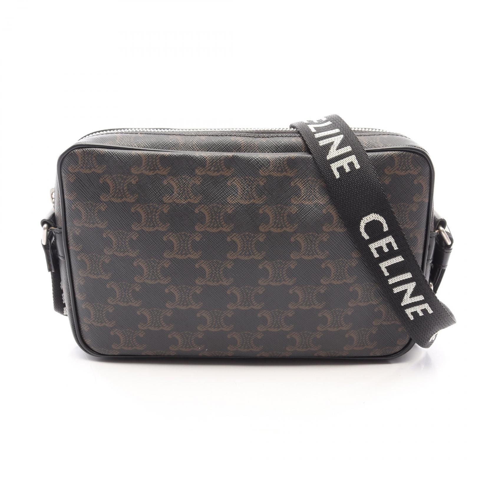 セリーヌ CELINE トリオンフ ミディアム メッセンジャーバッグ ショルダーバッグ バッグ PVCコーティングキャンバス レザー メンズ レディース ブラック系 / ブラウン系 197202DND.38OS 【中古】
