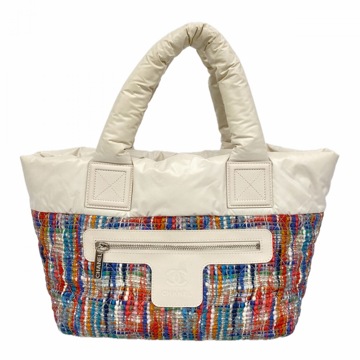 ★最終価格【6cd4828】シャネル トートバッグ コココクーン ナイロン マルチカラー ホワイト シルバー金具【中古】レディース