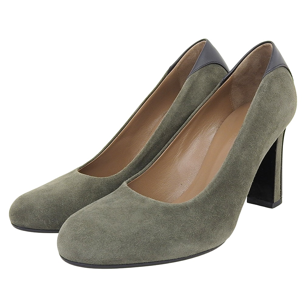 エルメス 美品 スエード×レザー パンプス シューズ レディース カーキグリーン 36 36