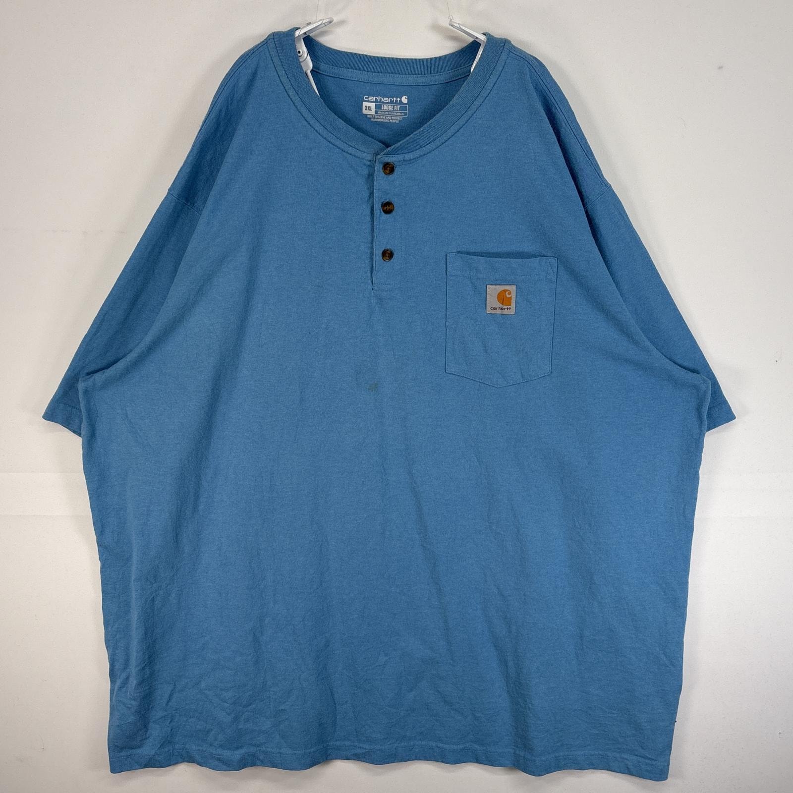 古着 カーハート Carhartt 半袖Tシャツ ワンポイント ロゴ 胸ポケ ヘンリーネック 大きいサイズ 肉厚 3XL  水色 無地 メンズ