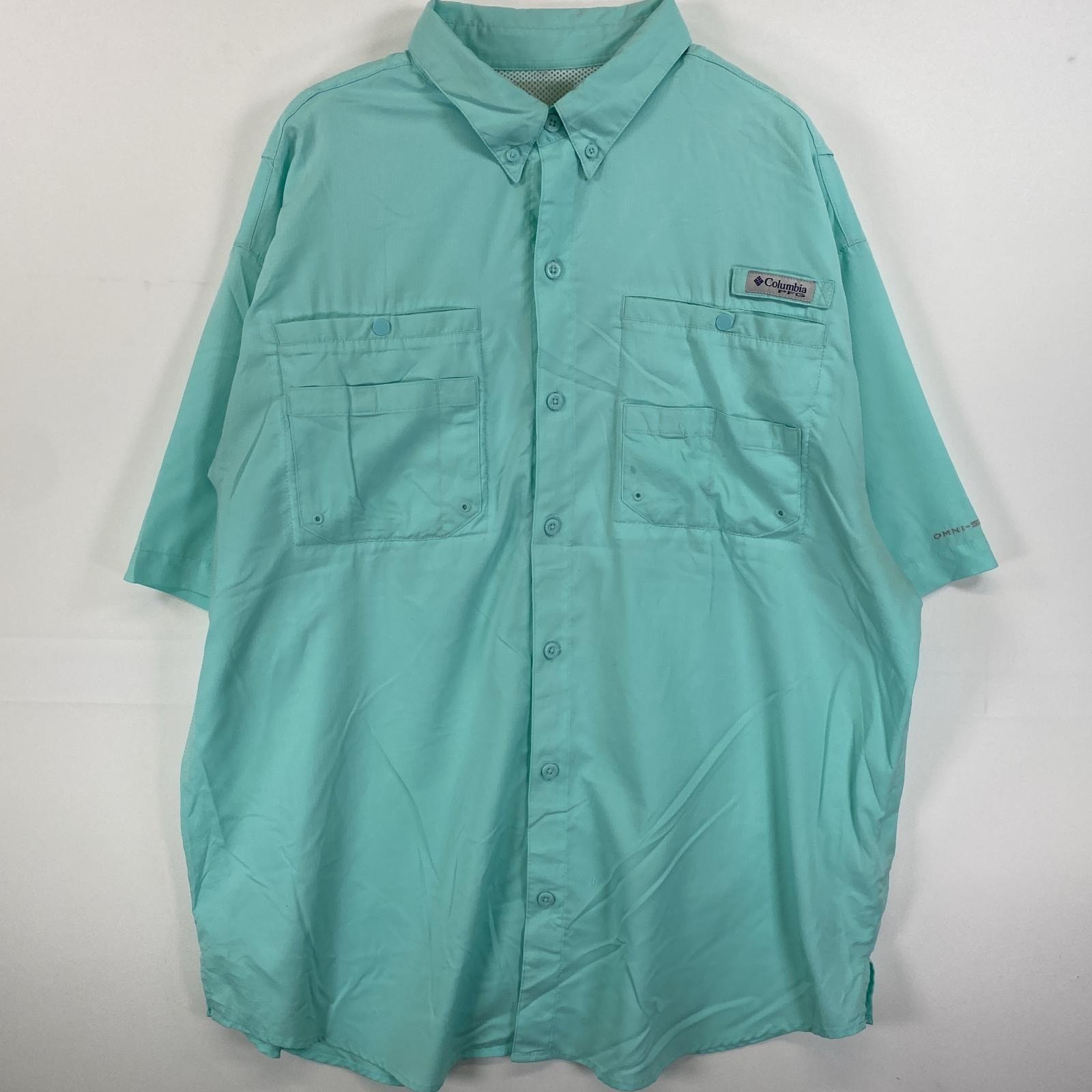古着 コロンビア Columbia 半袖シャツ PFG 胸ポケット ワンポイントロゴ  水色系 無地 メンズ