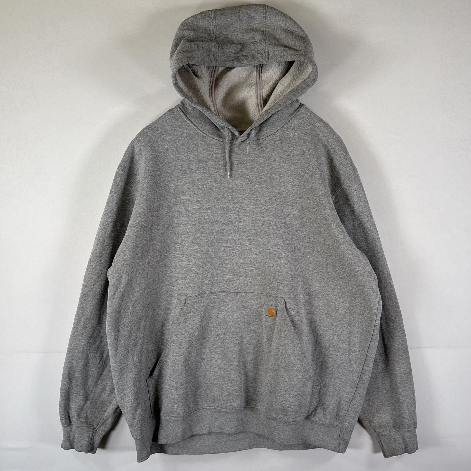 古着 カーハート Carhartt パーカー スウェット プルオーバー 大きいサイズ 厚手 袖ロゴプリント フーディ XL グレー メンズ