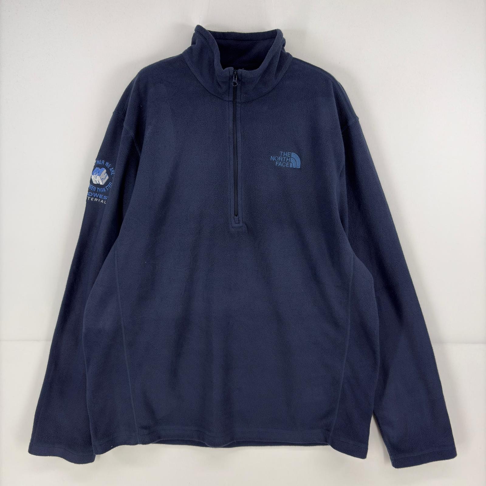 古着 ザ・ノースフェイス THE NORTH FACE トレーナー ハーフジップ プルオーバー ワンポイント 薄手 フリース L  ネイビー系 メンズ
