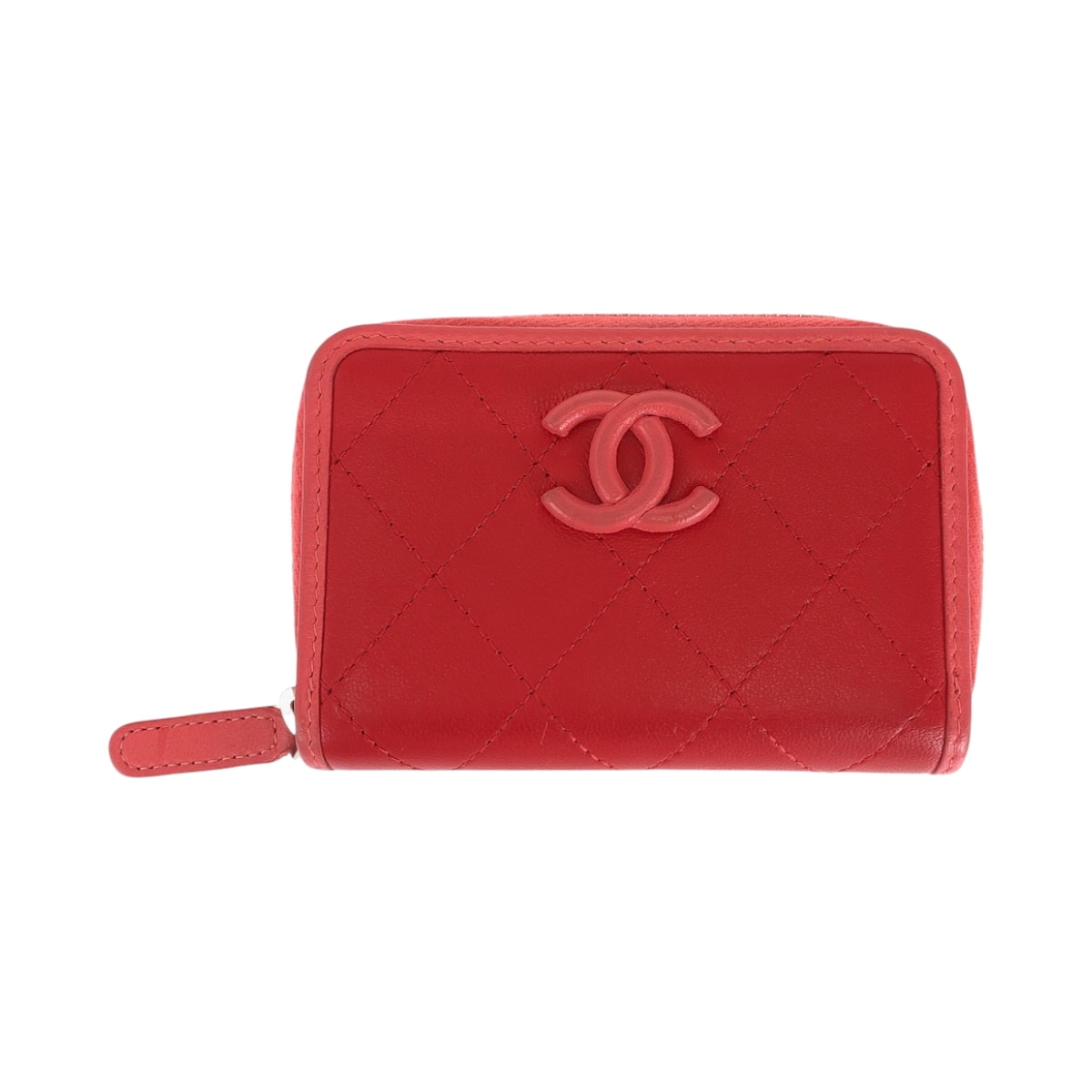 美品 CHANEL シャネル マトラッセ ココマーク レッド ピンク シルバー金具 ラムスキン コンパクトウォレット コインケース フラグメントケース 504550 【中古】