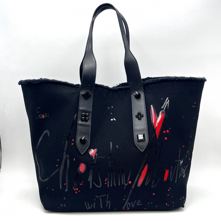 Christian Louboutin(クリスチャンルブタン)Cabata LOVE ヴィンテージ トートバッグ ブラック キャンバス レザー スタッズ ハート レディース【中古】