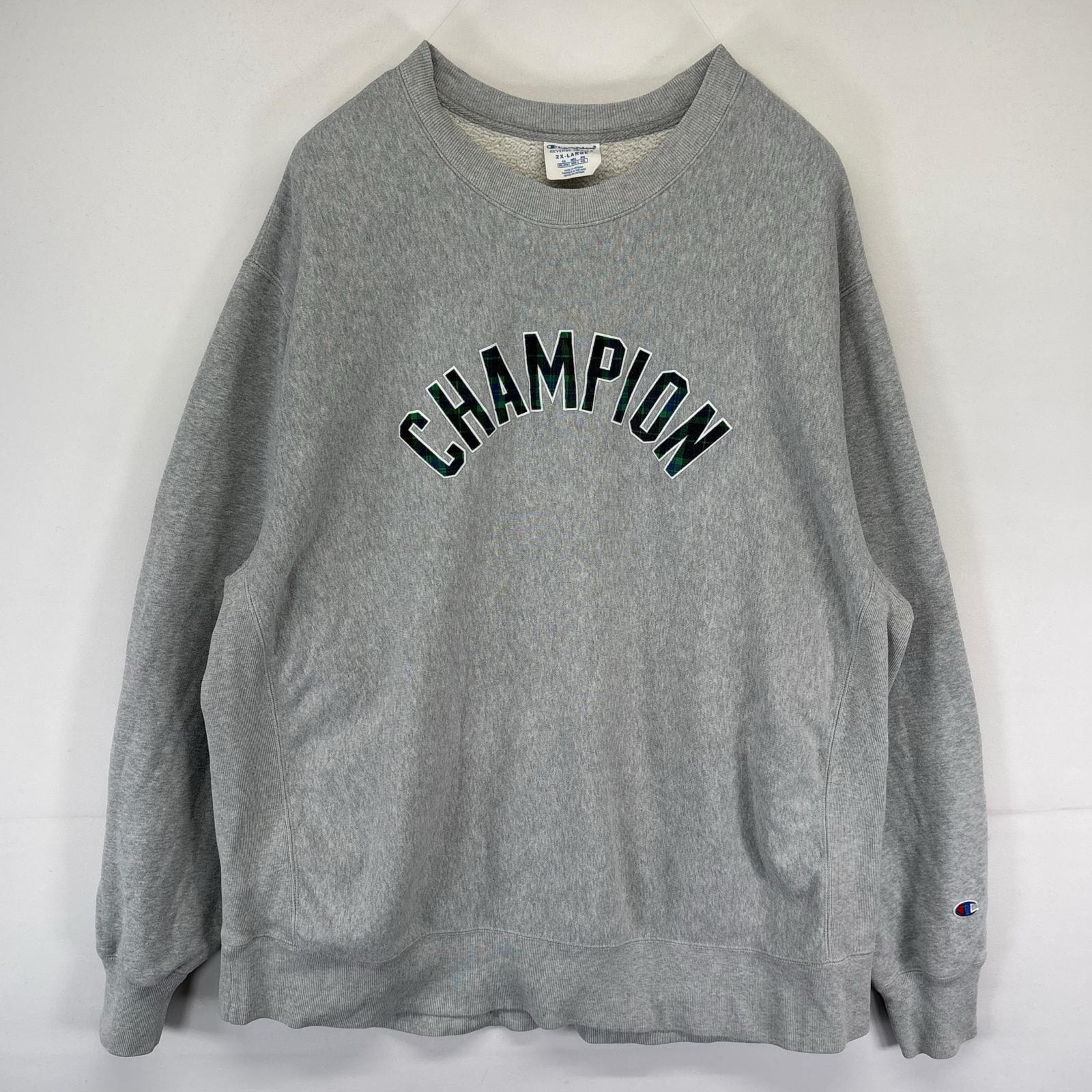 古着 チャンピオン Champion スウェット クルーネック リバースウィーブ 大きいサイズ ビッグロゴ 2XL  グレー系 メンズ