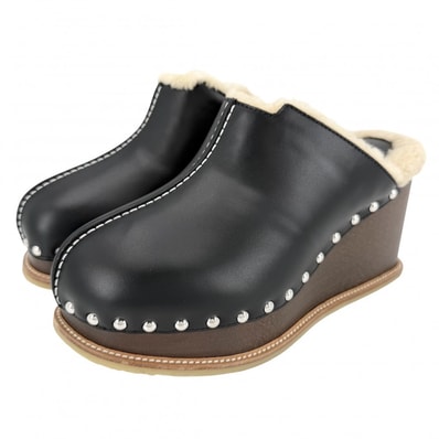 HERMES エルメス サンダル アース サンダル サボ ウェッジソール スタッズ 靴 シューズ 36サイズ 約23cm レザー ムートン ブラウン 茶 ブラック 黒 レディース 春 夏 秋【中古品】