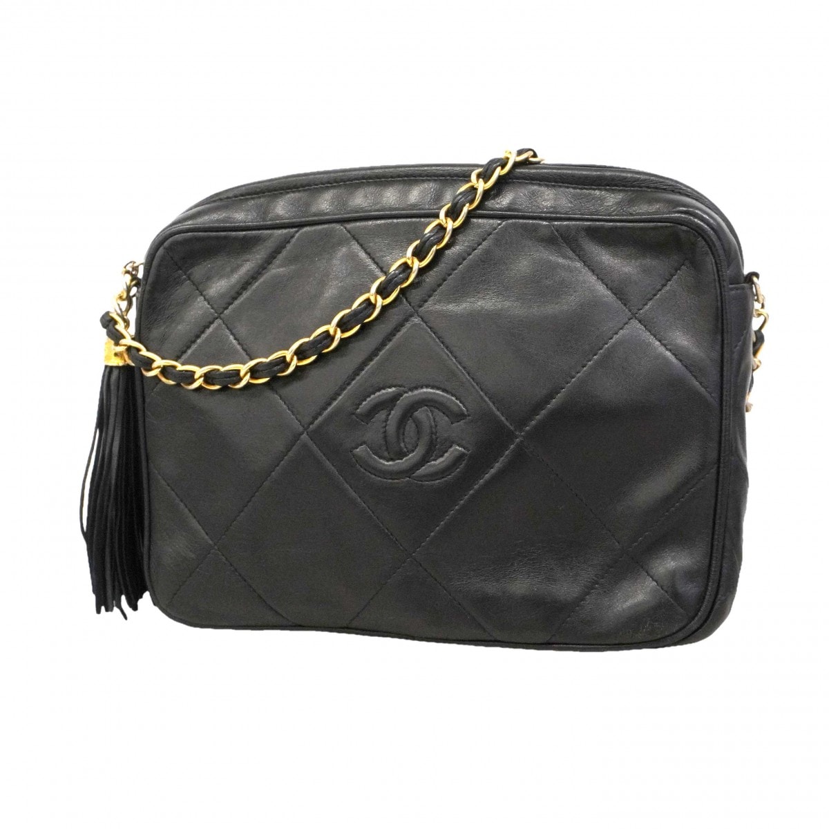 【6de5698-k】シャネル ショルダーバッグ マトラッセ フリンジ付きチェーンショルダー ラムスキン ブラック ゴールド金具【中古】レディース
