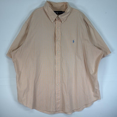 古着 ラルフローレン RALPH LAUREN 半袖シャツ チェック 薄手 ボタンダウン ロゴ 刺繍 14041 オレンジ マルチカラー メンズ
