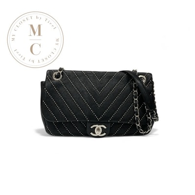 シャネル CHANEL バッグ ショルダーバッグ ブラック シルバー ターンロック ココマーク シングルフラップ ダブルチェーン スタッズ