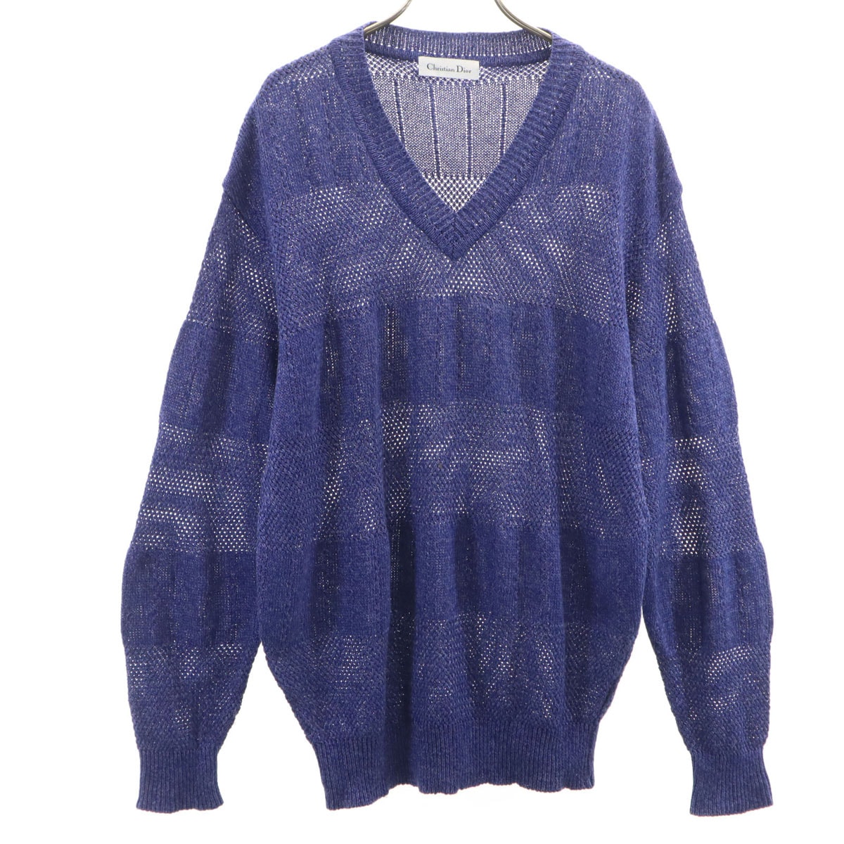 Christian Dior クリスチャンディオール 90s 日本製 リネンブレンド オールド 長袖 Vネック ニット M 青紫