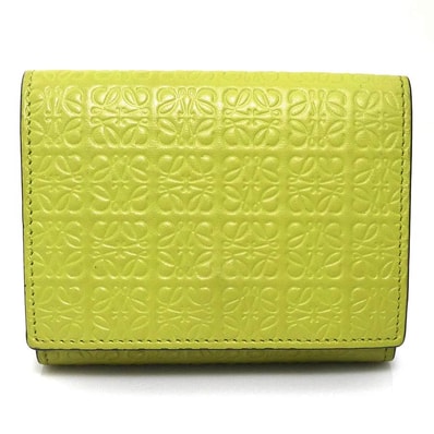ロエベ LOEWE 三つ折り財布 レザー イエローグリーン レディース【中古】 56616a