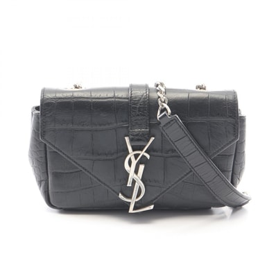 サンローランパリ SAINT LAURENT PARIS モノグラム エンベロープ ミニ クロコ型押し ショルダーバッグ バッグ レザー レディース ブラック系 【中古】