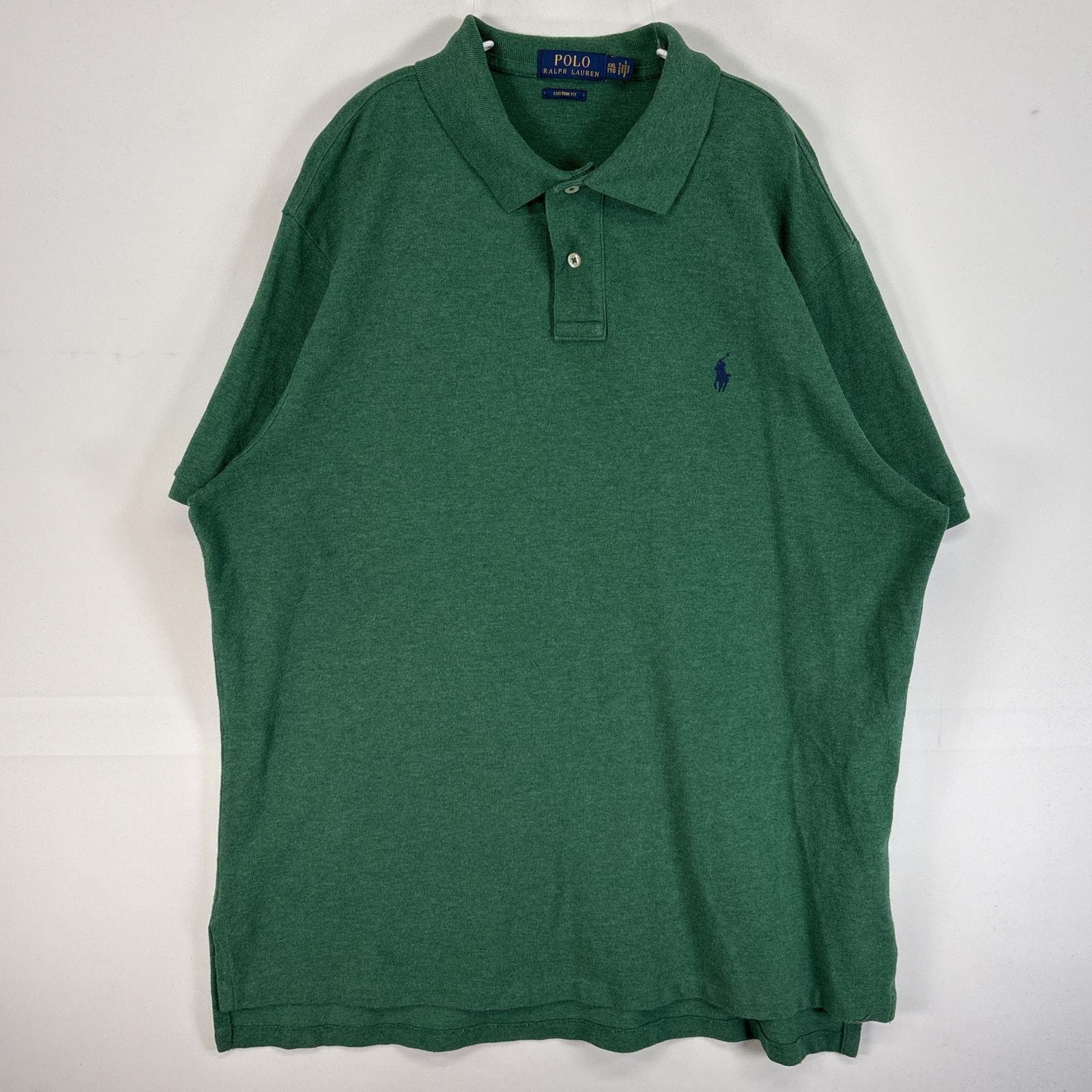 古着 ポロ・ラルフローレン POLO RALPH LAUREN 鹿の子 半袖 ポロシャツ ロゴ 刺繍 大きいサイズ 2ボタン 14041  グリーン 無地 メンズ