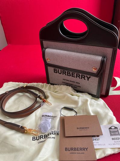 Burberry Mini Tri Tone Cotton Canvasleather Pocket Bag "Black/Tan"