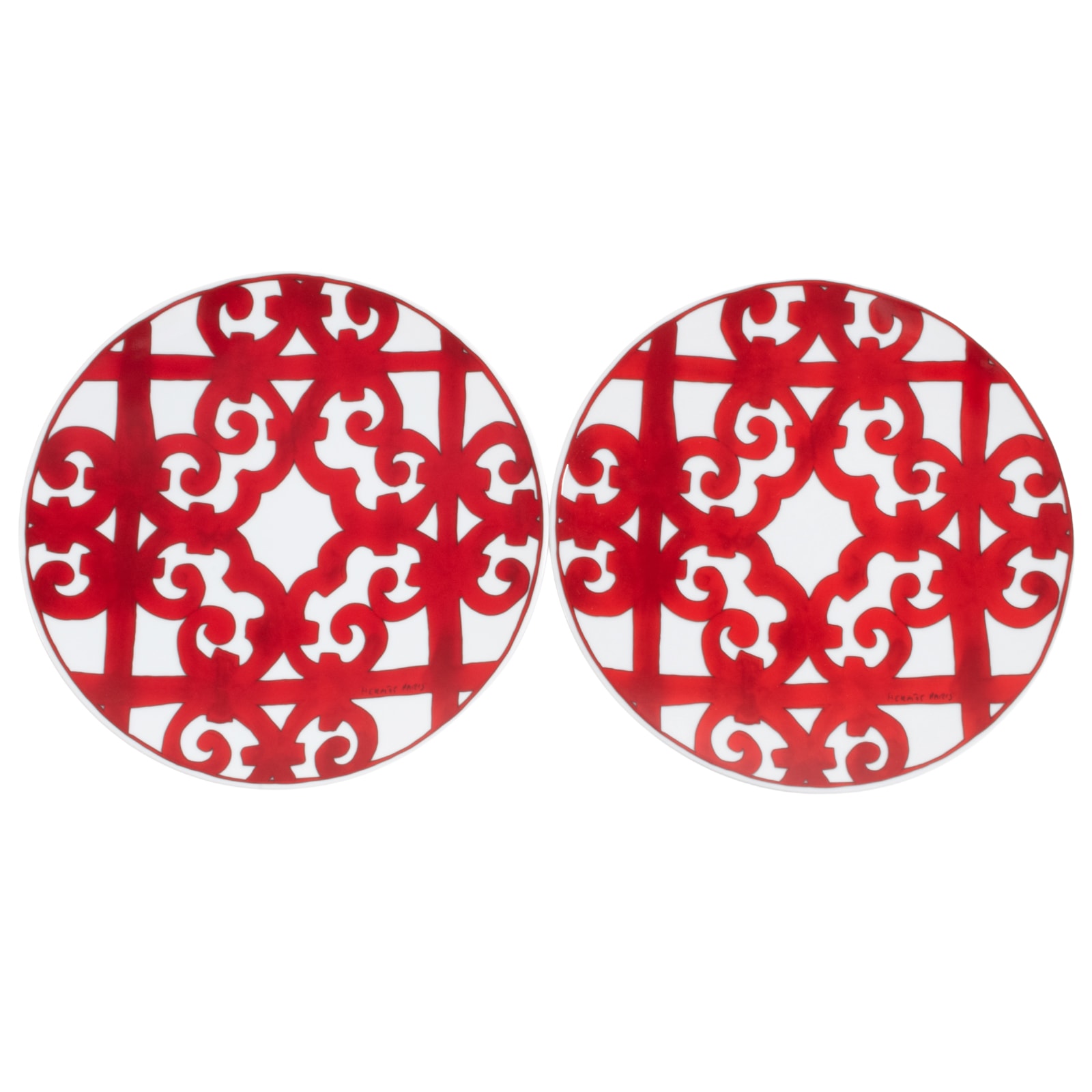 【未使用】HERMES エルメス GUADALQUIVIR/ガダルキヴィール ラウンドプレート  21cm ペアセット 食器 レッド ホワイト【中古】