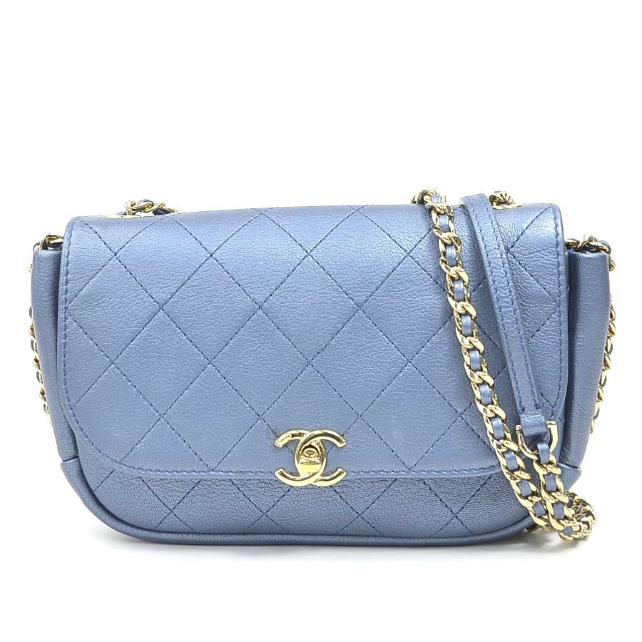 シャネル CHANEL ショルダーバッグ レザー メタリックブルー ゴールド レディース【中古】 90206g