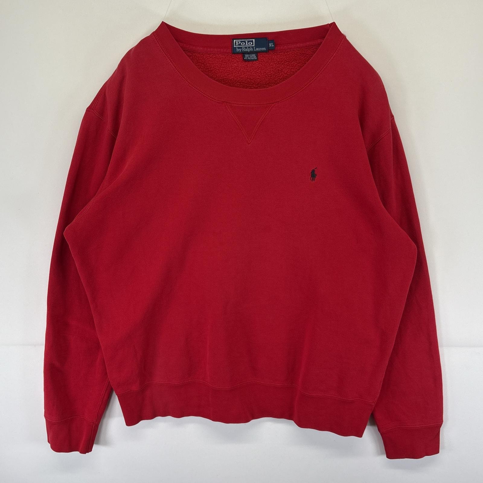 古着 ポロバイラルフローレン Polo by Ralph Lauren スウェット トレーナー クルーネック ワンポイントロゴ刺繍 前V XL  レッド メンズ