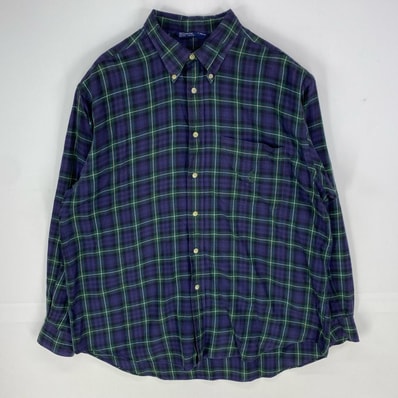 古着 90's/90年代 ノーティカ NAUTICA 長袖シャツ ワンポイント ロゴ ボタンダウン ロングスリーブ L グリーン系 チェック メンズ