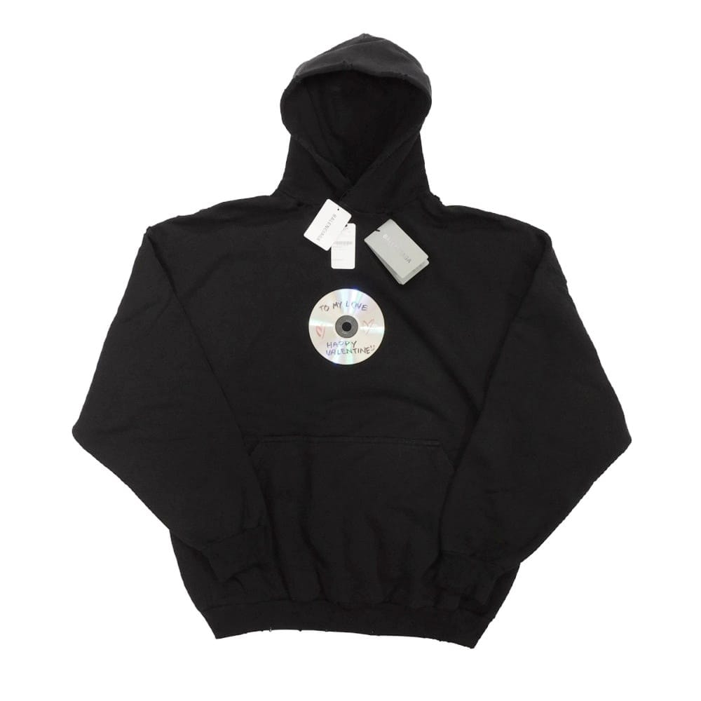 BALENCIAGA バレンシアガ バレンタイン CD プルオーバー フーディ 2 M ダメージ加工 165/92A 未使用 コットン ブラック パーカー 739024 TQVE5 1055