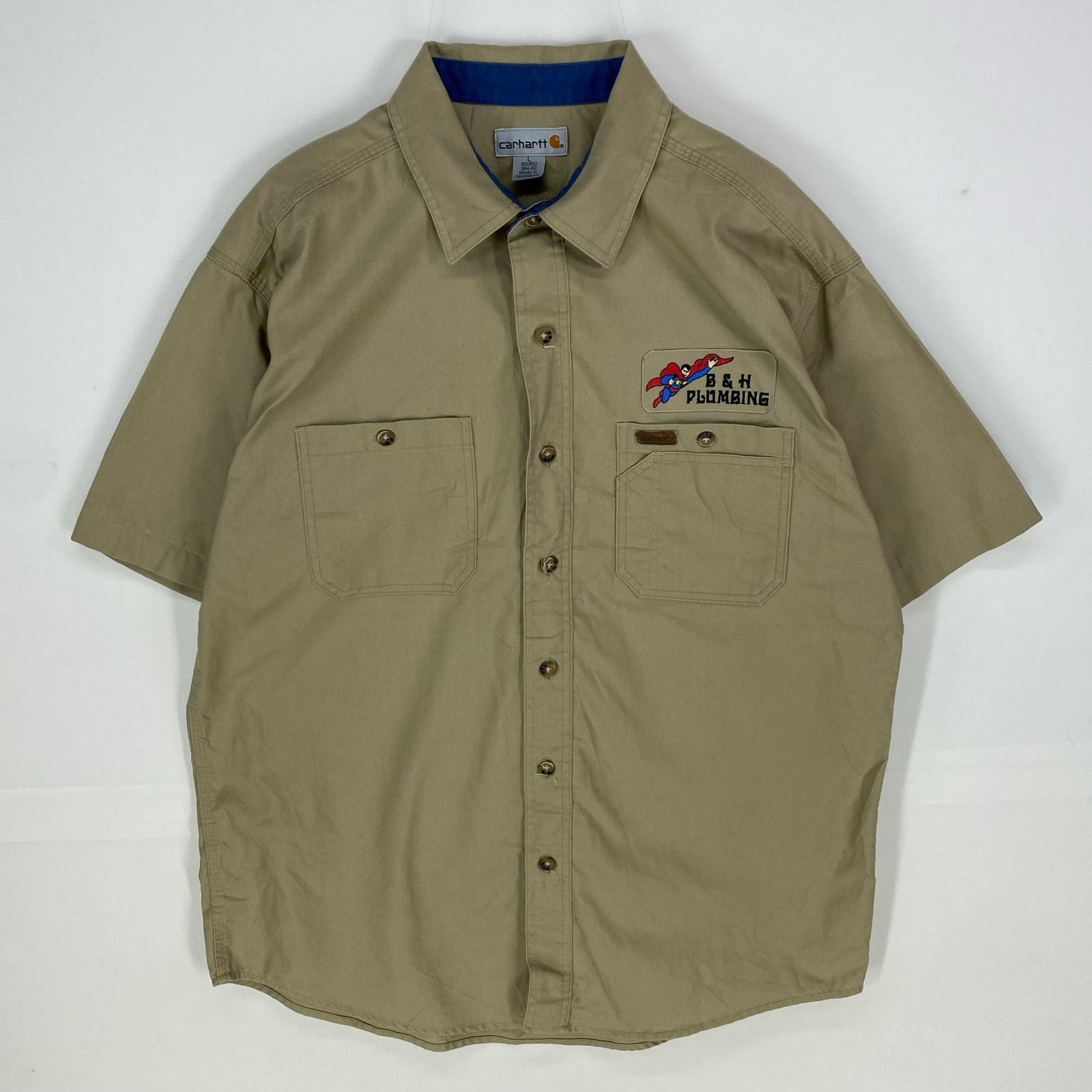 古着 カーハート Carhartt 半袖シャツ 胸ポケット ワーク ワンポイントロゴ 作業着 ワッペン L ベージュ系 メンズ