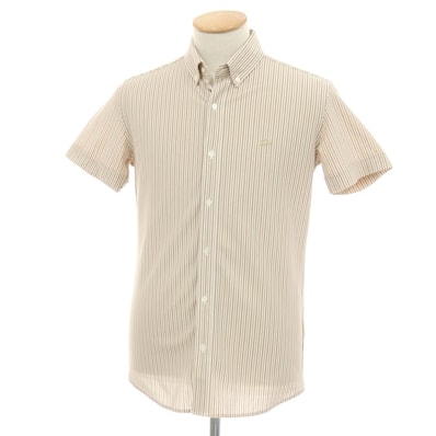 【中古】ラコステ LACOSTE コットンポリエステル ストライプ ボタンダウン 半袖シャツ ベージュ【サイズ2】【メンズ】