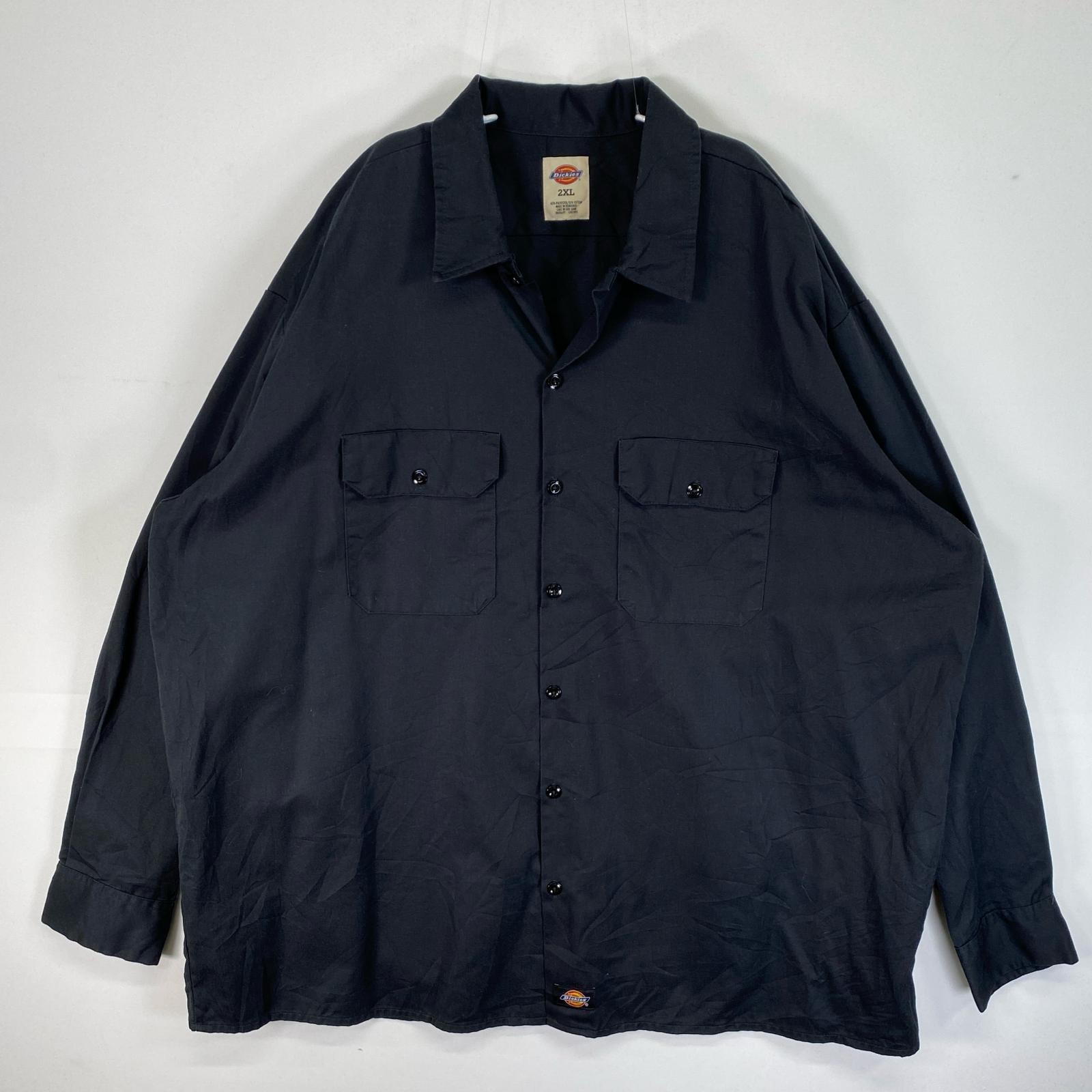古着 ディッキーズ Dickies 長袖シャツ ワーク 作業着 フラップポケ 大きいサイズ ワンポイント ロゴ 14041 ブラック 無地 メンズ