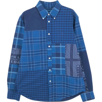 古着 ラルフローレン Ralph Lauren RALPH LAUREN 総柄 チェック柄 パッチワーク 半袖 ボタンダウンシャツ メンズM相当/eaa661386