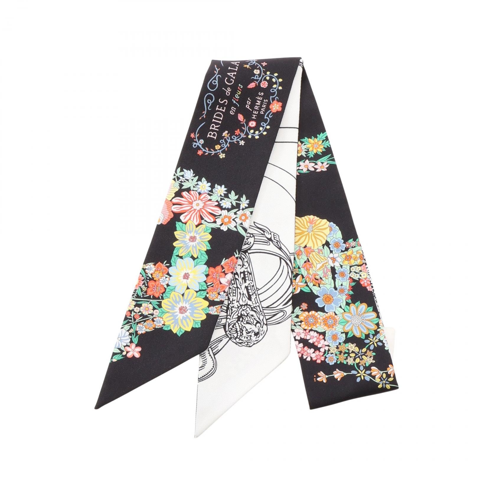 エルメス HERMES ツイリー Brides de Gala en Fleurs アイライナー リボン スカーフ 衣料品 シルク シルク ホワイト レディース ブラック系 / ホワイト系 / マルチカラー 【中古】
