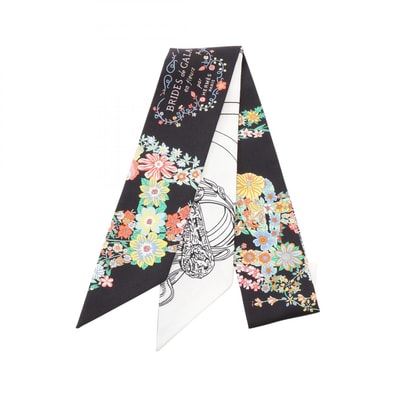 エルメス HERMES ツイリー Brides de Gala en Fleurs アイライナー リボン スカーフ 衣料品 シルク シルク ホワイト レディース ブラック系 / ホワイト系 / マルチカラー 【中古】