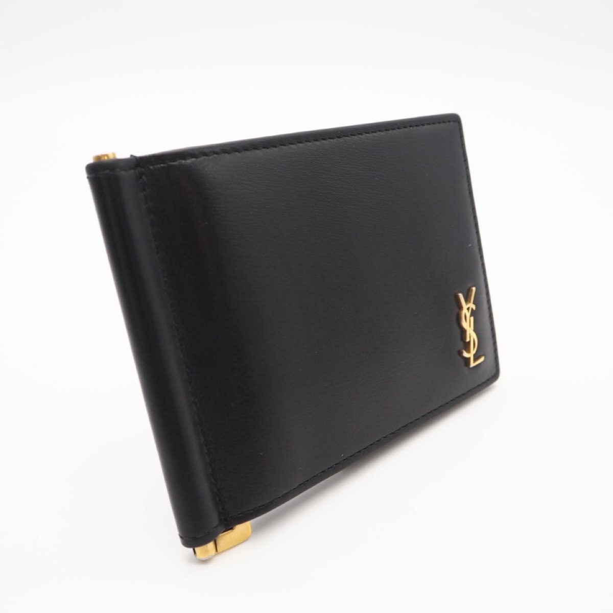 美品 SAINT LAURENT サンローラン タイニーカサンドラ ビルクリップウォレット 607738 マネークリップ ブラック カーフレザー メンズ