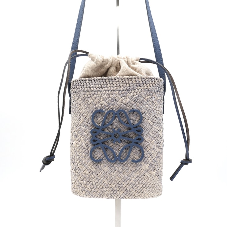 LOEWE(ロエベ)スクエア ポケット ショルダーバッグ アナグラム ラフィア ブルー レザー 巾着 レディース 592313【中古】