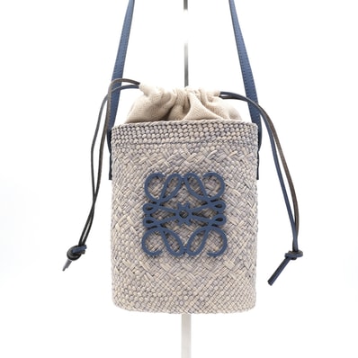 LOEWE(ロエベ)スクエア ポケット ショルダーバッグ アナグラム ラフィア ブルー レザー 巾着 レディース 592313【中古】