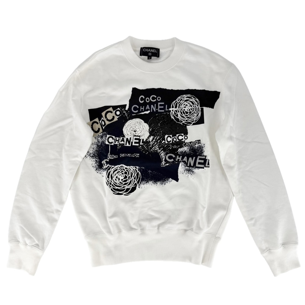 CHANEL シャネル トップス ココマーク ロゴ アパレル 服 カメリア トレーナー スウェット XS ホワイト 白 ブラック 黒 コットン    レディース 春 秋 美品【中古品】