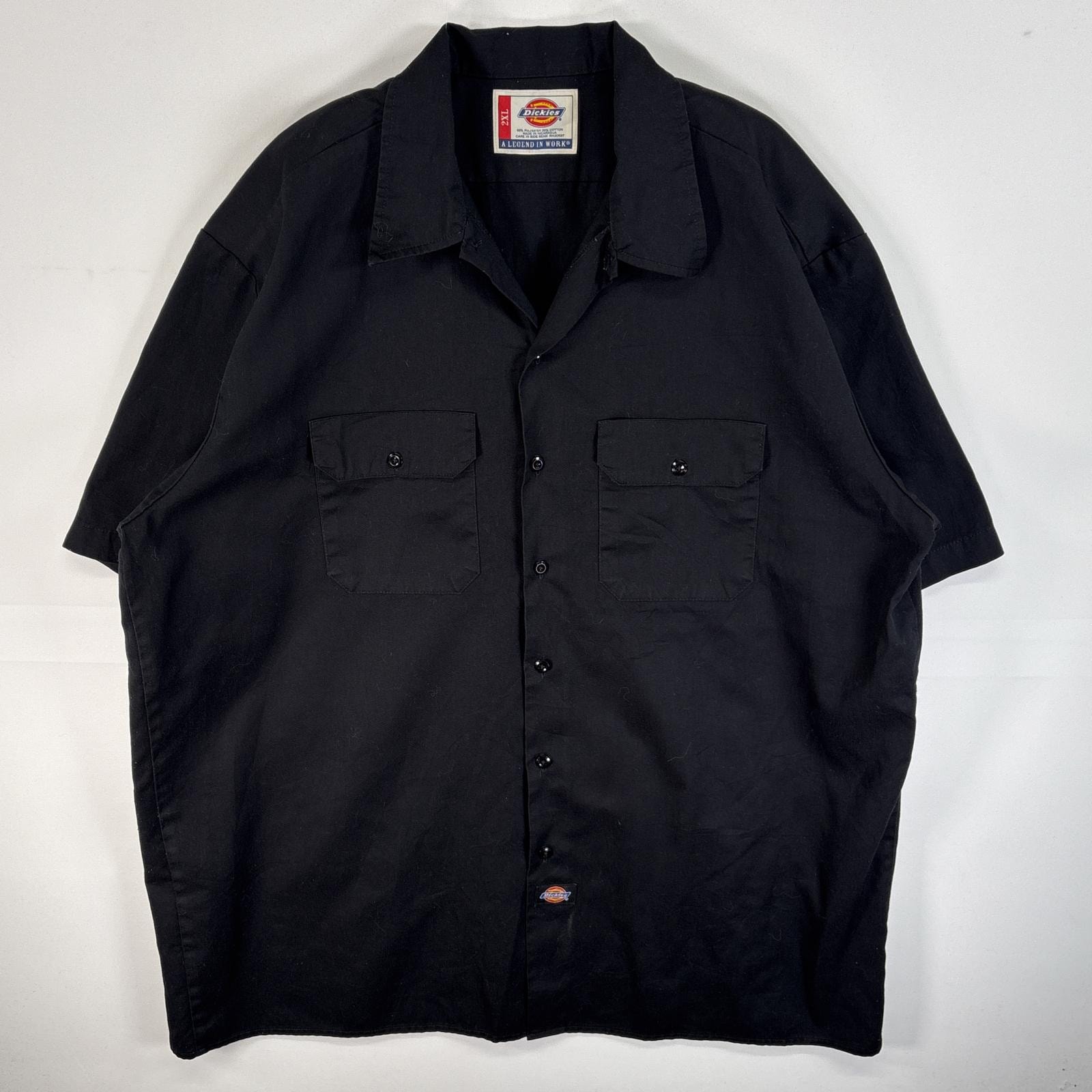 古着 ディッキーズ Dickies 半袖シャツ ワークシャツ 作業着 大きいサイズ フラップポケ 2XL  ブラック 無地 メンズ