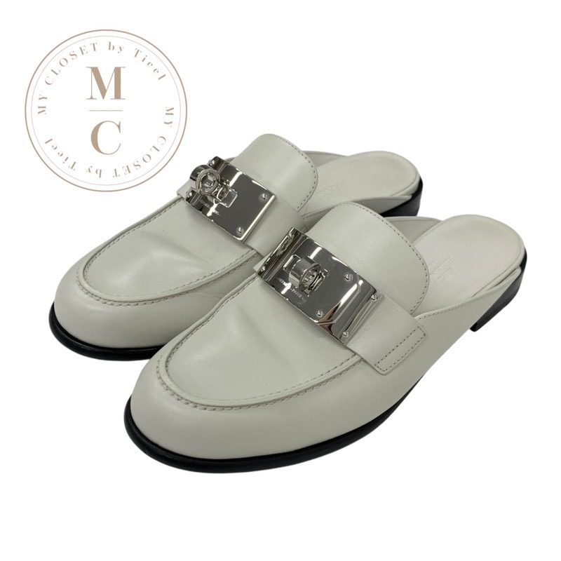 エルメス HERMES イオタ フラットシューズ 靴 シューズ レザー アイボリー シルバー ケリー金具 ミュール スリッパサンダル