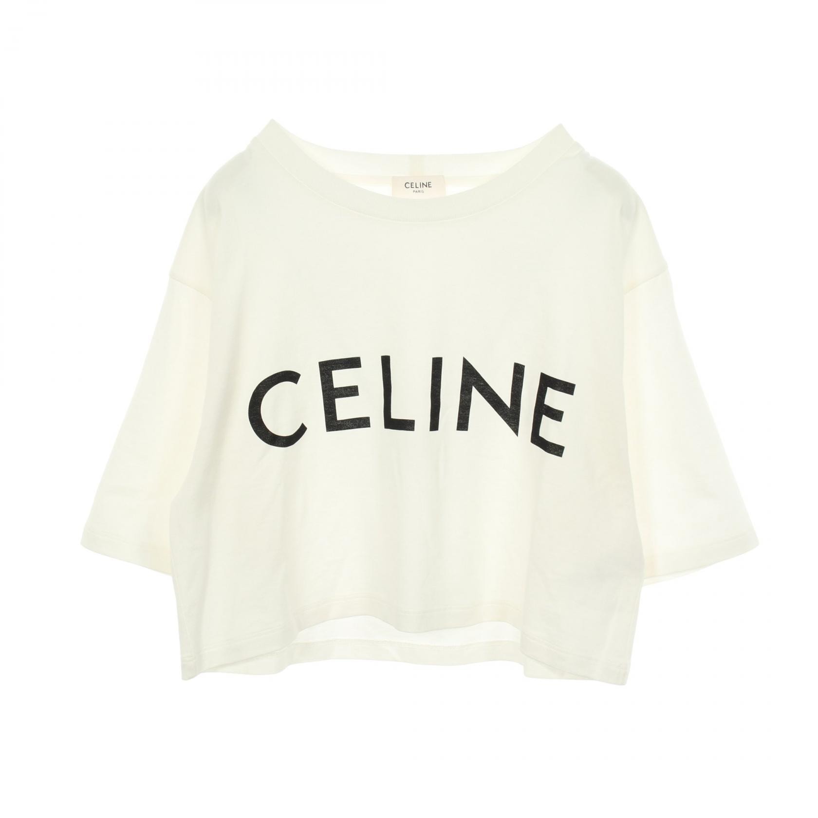 セリーヌ CELINE ロゴプリント クロップド 半袖Tシャツ 衣料品 トップス コットン レディース ホワイト系 2X761671Q 【中古】