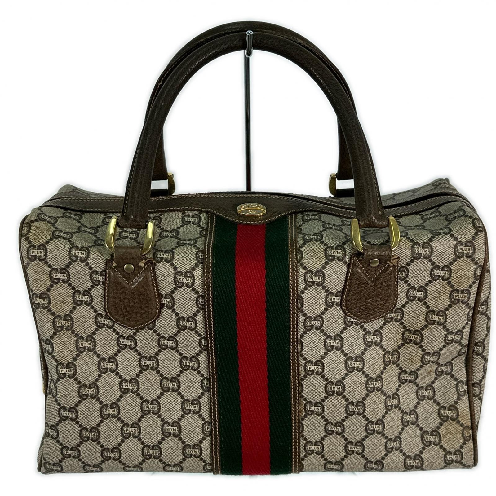 GUCCI グッチ ミニボストンバッグ GGプラス シェリーライン ヴィンテージ ベージュ グリーン レッド PVCコーティングキャンバス バッグ ファッション アイテム ユニセックス C (やや傷や汚れあり)】GUCCI グッチ ミニボストンバッグ GGプラス